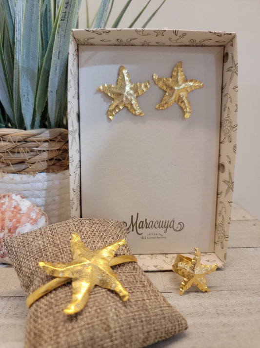 Aretes, brazalete y anillo-Estrellas de Mar